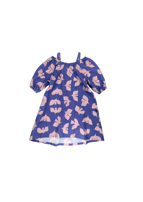 002-24 MUSLIN DRESS / VIOLET BIRDS PRINT -  GOTS