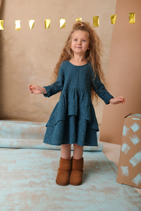 108-23 WAVE DRESS / MUSLIN - DARK CYAN  & GOLD / GOTS