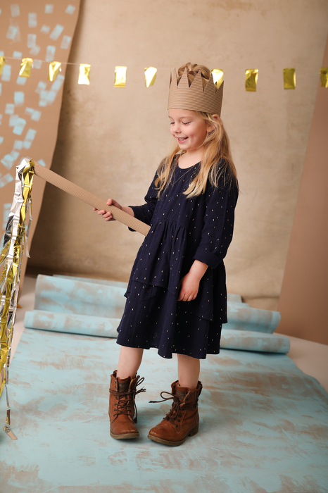 107-23 WAVE DRESS / MUSLIN - NAVY BLUE & GOLD / GOTS