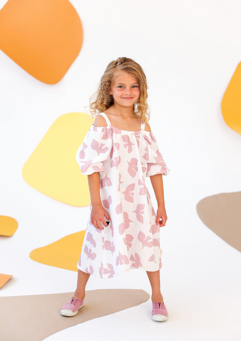 003-24 MUSLIN DRESS / WHITE BIRDS PRINT -  GOTS