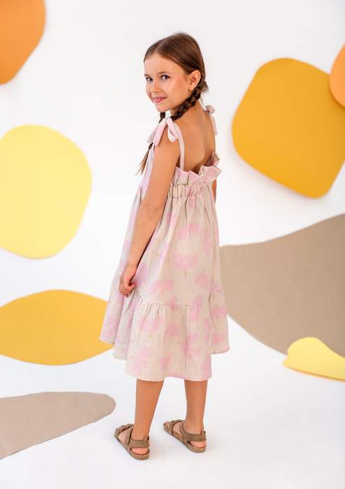 007-24 SUMMER MUSLIN DRESS / BIRDS PRINT / BEIGE- GOTS