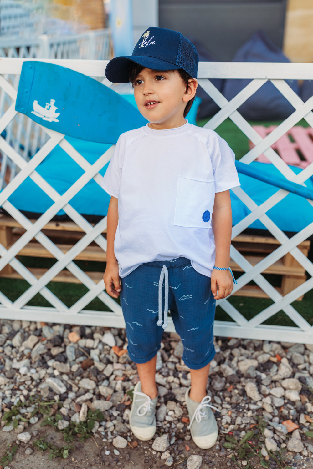 060-23 MUSLIN SHORTS / DARK BLUE  & WAVE PRINT - GOTS 